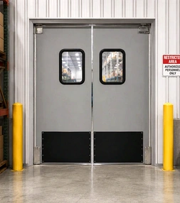 Industrial impact swinging doors installed in a high-traffic commercial or warehouse facility doorway.