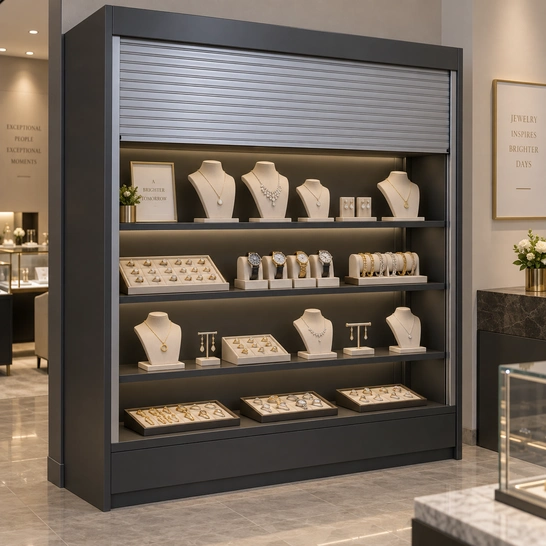 Illustration of jewelry and watch displays inside shutter-protected casework