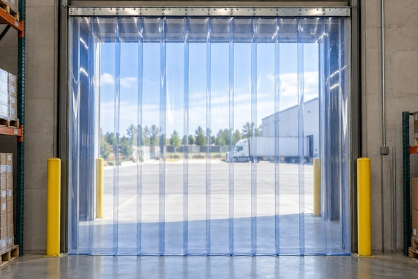 PVC strip curtain installed at a loading dock doorway to control temperature and separate interior and exterior areas.