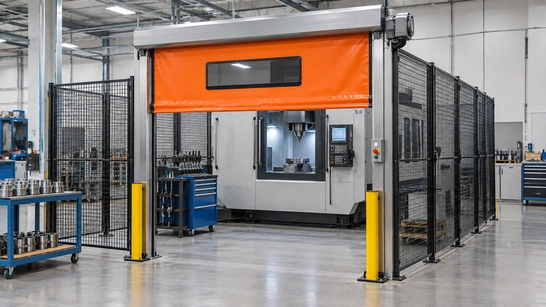 Roll-up perimeter safety door around a machining work cell with a separate enclosed CNC machine.