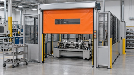 Roll-up safety door providing access to a stopped operator loading and fixture station.