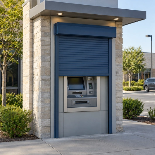 Illustration of a blue roll-up ATM shutter on a standalone outdoor kiosk.