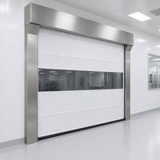 Illustration of an enclosed stainless cleanroom roll-up door with a white fabric curtain.