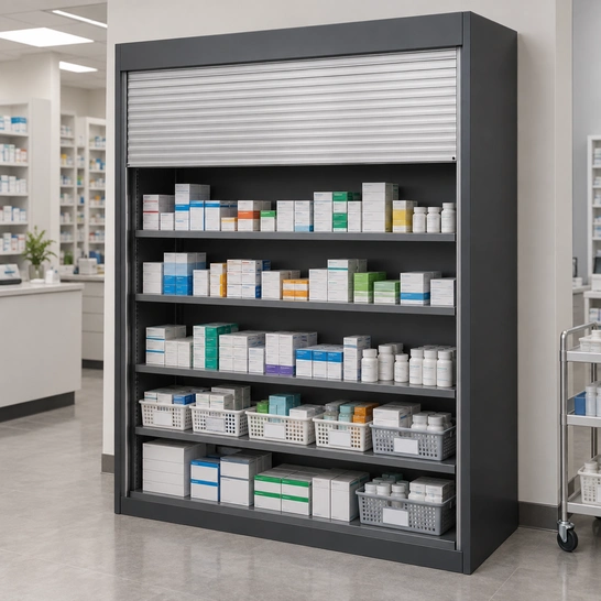 Illustration of a shutter-front pharmacy stock cabinet with cartons and baskets