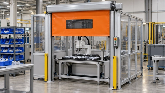 Roll-up machine safety door at a compact pick-and-place cell with component trays.