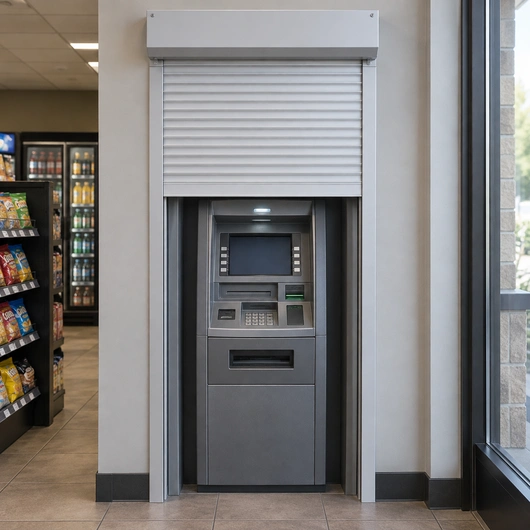 Illustration of a white roll-up shutter over an ATM alcove inside a convenience store.