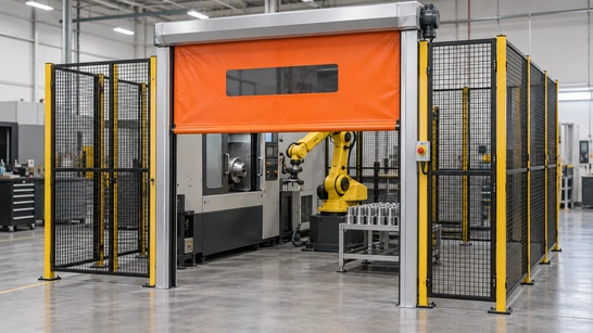 Roll-up safety door and perimeter fencing around a robot tending an enclosed CNC machine.