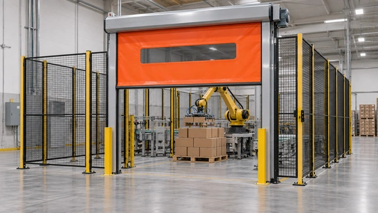 Roll-up guarding door at a fenced robotic palletizing cell with stacked cartons.