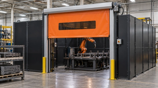 Orange roll-up machine safety door at an enclosed robotic welding cell with the robot stopped.