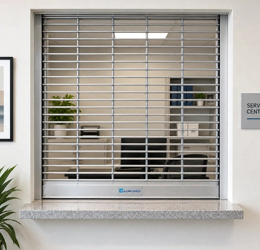 A roll up counter security door installed at a service counter or retail window to secure the opening when closed.