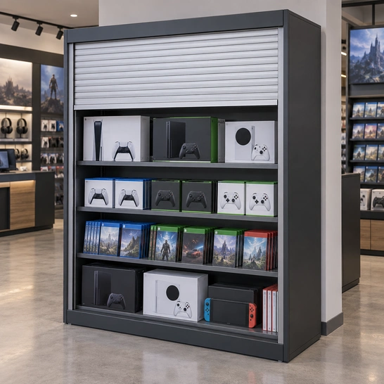 Illustration of a roll-down cabinet holding gaming consoles, controllers and game cases