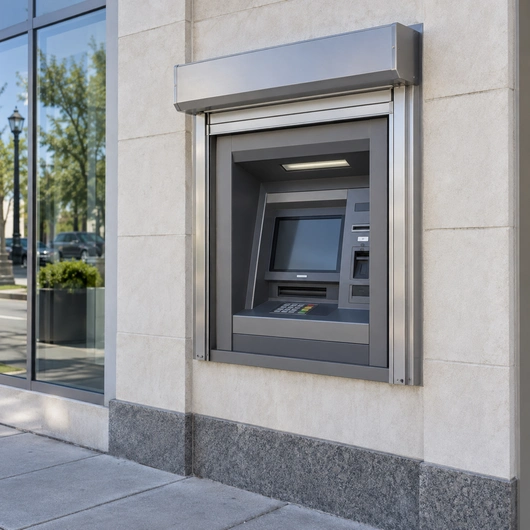 Illustration of a raised silver ATM shutter mounted on a stone walk-up bank facade.