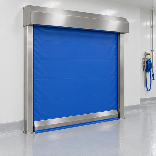 Illustration of a blue stainless washdown roll-up door with a sloped bottom bar.