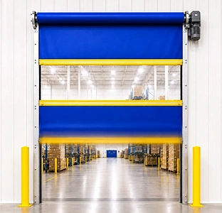 Blue high-speed roll-up vinyl door closing fast over a warehouse opening