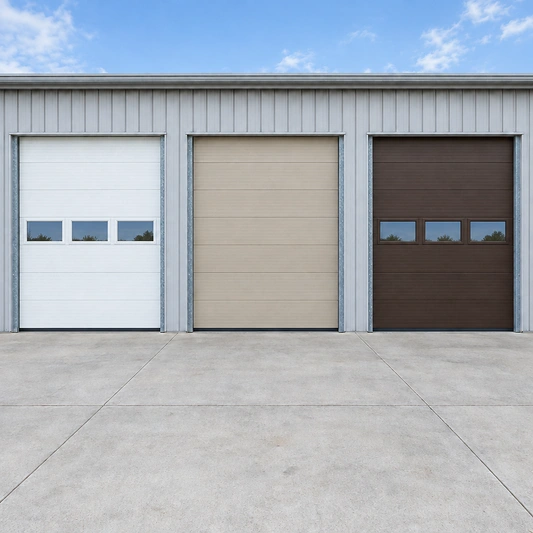 Insulated commercial garage doors with window panels installed on a commercial or industrial building facade.