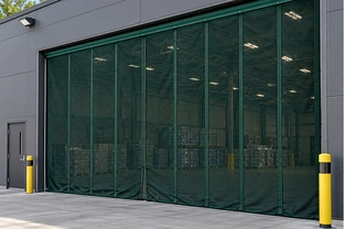 Green mesh retractable bug screen curtain closed across a wide warehouse opening