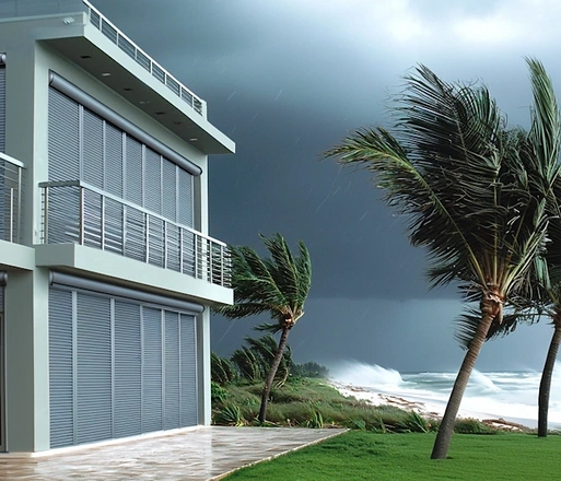 Roll-up hurricane shutters closed on a beachfront home as a storm blows in