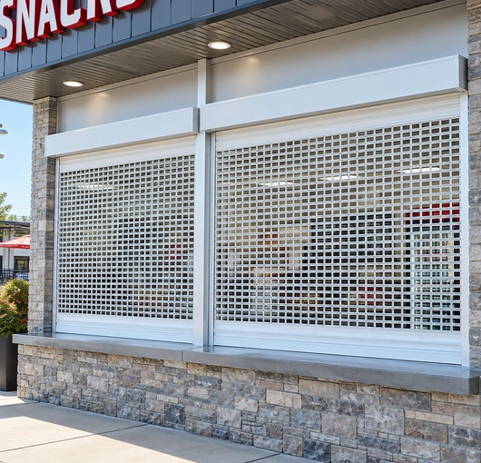 White roll-up grid storefront doors closed over two shop windows above a stone wall