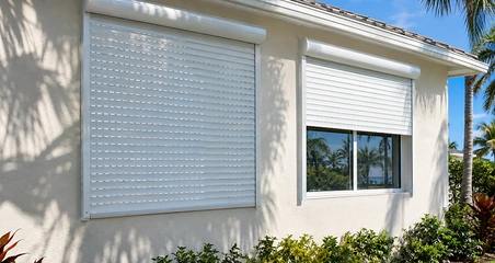 White aluminum roll-down shutters on the windows of a coastal stucco home, one closed and one half open