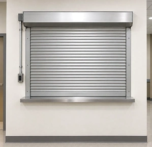 Solid roll-up counter door closed over a service window with a steel sill