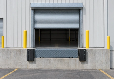 Steel roll-up door closed over a loading dock opening with a dock leveler and yellow bollards