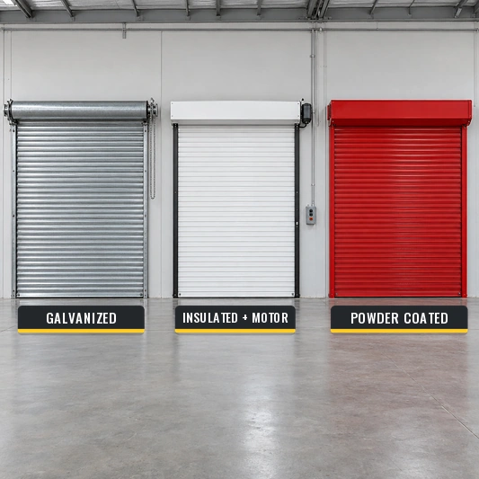 Overview of multiple steel roll-up door types available from PAYLON for industrial and commercial applications.