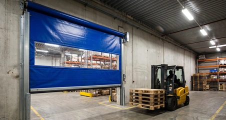 Blue vinyl roll-up door with a clear vision strip partly open as a forklift carries pallets through a warehouse